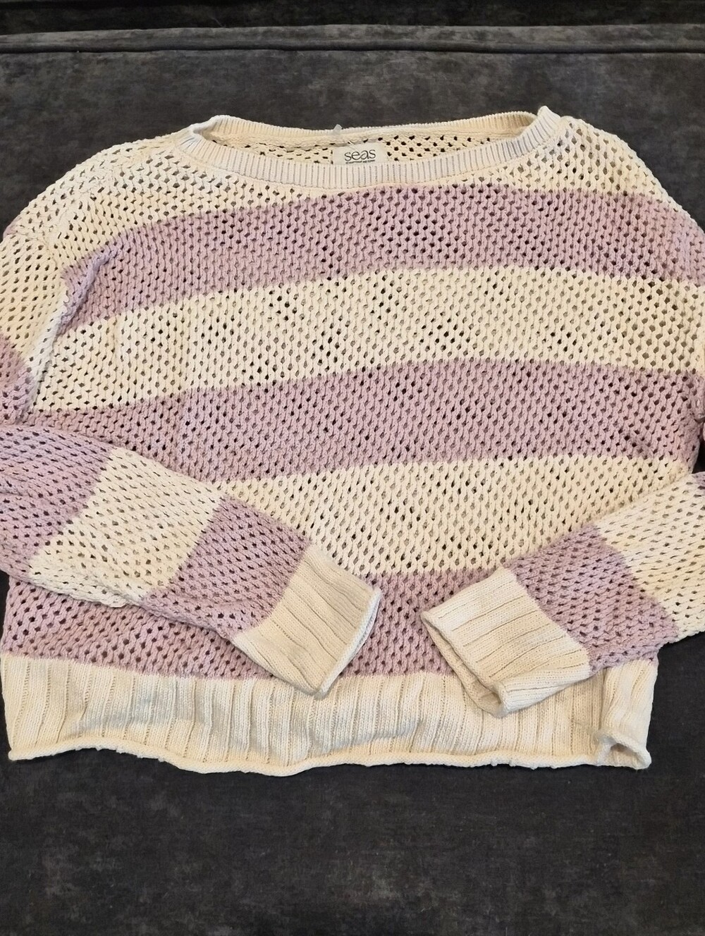 78&Sunny Open-Knit Crewneck Sweater - Cream & Light Purple